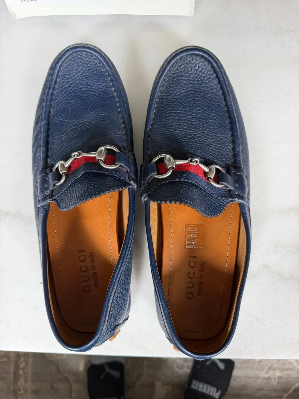 Gucci Navy Blue Leather Horsebit Loafers with Red-Web Accent